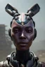 Placeholder: portrait,beautiful african robot, post-apocalyptic in a cyberpunk city, realistic, intriacte detail, sci-fi fantasy style, volumetric lighting, particales,highly detailed,cinamatic, deep colours,8k