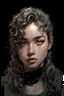 Placeholder: Portrait of a young female with long curly bangs covering her forehead. Include gray eyes, with a light skin complexion. Draw the portrait in the style of Yoji Shinkawa.