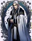 Placeholder: a young High Elf frost Wizard with long wiry hair, wearing a black trimmed white nobleman's robe and frost ornaments on clothes, with a small weasel on his shoulder