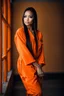 Placeholder: Beautiful 25 year old female prisoner wearing an orange jumpsuit