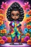 Placeholder: Create an airbrush image of a chibi black curvy female wearing a tie dye yoga outfit. Prominent make up with hazel eyes. Highly detail asymmetrical Bantu knots. background of colorful large flowers 2k