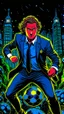 Placeholder: Diego Forlan Football soccer player fighting black suite. Dark detective comic. comicBook cover batman style detective mistery 1990. Nice colors.