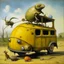 Placeholder: deconstructed surrealism, 'ENIGMA Contraption', by Yves Tanguy, oil painting, nihilistic anthropomorphic turtle with shell that yellow school bus textures recursion, stubby large-tread rubbery tire legs
