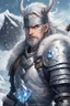 Placeholder: in anime style, 1man, a man with blue eyes and silver hair man in silver Viking armor with fur around the neck with blue crystal on his chest holding an axe in his hands standing on a pirate ship in the artic, warrior in anime style,