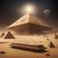 Placeholder: Hyper Realistic UFO spaceships outside mummy coffins outside Pyramids with sandstorm at dark night