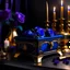 Placeholder: A black and gold decorated chest half opened and filled with purple blue roses in front of it a burning candle in delicate purple all on a light background