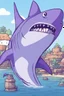 Placeholder: A purple shark in the style of bluey.