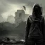 Placeholder: women, faces covered in black masks, ragged clothes, holding flag, war-torn, destroyed city in the background, 8k resolution, hyperrealistic, detailed matte painting, b&w, dynamic lighting, war, anarchy, terrorists