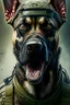 Placeholder: A soldier dog dressed in military combat uniform, digital illustration portrait, dog's face is snarling, aggressive, angry, Craig Miller , futuristic, pulp fiction graphic novel style, hyperrealism, photorealism