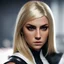 Placeholder: Photorealistic headshot of a fierce blonde assassin