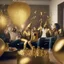 Placeholder: A picture of partying people in a living room with gold party decoration