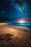 Placeholder: magic sea, beach with sand, shells, realistic, professional photo, 4k, top view, cosmic sky, stars