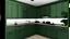 Placeholder: kitchen with dark green furniture, forest wallpaper on a white wall, on the left side next to the window there is a microwave and oven installed in the furniture, and on the right side 5 cm from the induction hob and a kitchen hood above it,