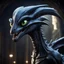 Placeholder: the alien xenomorph as a disney dragon like in "how to train your dragon" with big white eyes and a goofy look on its face