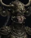 Placeholder: Beautiful ounce animal haddressed woman portrait adorned with metallic filigree decadent voidcore shamanism costume armour and headress decadent gothic maljsian style organic bio spinal ribbed detail of extremely detailed maximálist hyperrealistic portrait art