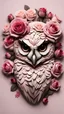 Placeholder: male with owl head made from a lot of beautiful roses and other flowers , skin textured, pale colors smooth contrast,