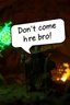 Placeholder: speech bubble in front with weird font saying "Don't come here bro!" fast killer glowing ball closeup femi semi-dragon in background, magic swirl, strong winds, true grit, reggae native stand off fast draw poncho cowboy wizard on knees hurt punching green and blue fire ball whip while taking sight wand slinger, in flame lit cave ,bokeh like f/0.8, tilt-shift lens 8k, high detail, smooth render, down-light, unreal engine