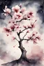 Placeholder: Watercolor painting of a Japanese cherry tree in bloom, isolated on a dark cosmic background, muted colors