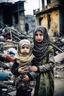 Placeholder: Palestinian girl She wears the keffiyeh and the Palestinian dress Carrying a nude small child ,at winter , Destroyed Buildings , with a Explosions, at night