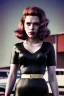 Placeholder: retro portrait image from 1960, supermarket parking explosion, long hair, young Scarlett Johansson, classic black tight lycra suit, gold bracelet and belt, high heel boots, soft color, highly detailed, unreal engine 5, ray tracing, RTX, lumen lighting, ultra detail, volumetric lighting, 3d, finely drawn, high definition, high resolution.