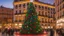 Placeholder: Christmas scene in Plaza del Sol, Madrid, with a giant Christmas tree decorated with colored balls and Christmas lights, with the style of Thomas Kimkade
