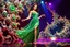 Placeholder: a very beautiful lady with makeup and curvy hair, wearing a pretty green jewelled long skirt with blouse and high heels, dancing over a modern stage with luxury metalic fractal recursive animating structures and dynamic color lights.3by 2