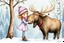 Placeholder: an enchanting illustration Watercolor, Alcohol Ink, Of little girl with short wind blown hair, knit hat with many strands of hair coming through her hat, tiny tinsel and beads through hair, silk lavender and pink dress, striped stockings, boots, stick tree with hanging ornaments from branches, scene is the girl hugging a moose with a red collar around his neck, snowflakes falling from the sky misty evergreen and birch tree background, Wintery Scape