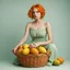 Placeholder: A beautiful young woman with orange hair sitting in a light green dress with a basket full of mangoes. All on a light background that can be easily removed.