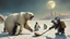 Placeholder: oil painting of Charlie Chaplin as two unstable constable polar growlar bear on the planet of Ceres, with some penguins with hockey masks and backpacks smacking large pucks so we can see its trail, and playing hockey on frozen lake with astronauts, in front of ice megapolis