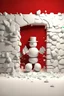 Placeholder: 3d Christmas snowman, breaking through the wall, plaster texture, white and red, 3d background