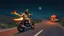Placeholder: The kebab man driving fast on his holy motorcycle, fire from the exhaust, holy widescreen picture, holy empty road on the holy country at night, comic style, no helmet and he have a long holy black beard, neon kebab signs along the road, jesus stand at his market stand selling holy kebabs, simon stålenhag style, pixel art