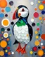 Placeholder: A colorful puffin in the style of Yayoi Kusama, surrounded by circles and dots, with an abstract background. The puffin is depicted as if it were painted using oil paints on canvas, giving it a three-dimensional appearance. It has vibrant colors like blue, red, yellow, green, orange, purple, white, black, brown, silver, and gold. It has intricate patterns that give depth to its form.