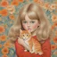 Placeholder: 1970s, blond Little girl si in red, long hair parted in the middle, hugging an orange cat, in the style of Margaret Keane, flowered wallpaper,