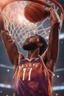 Placeholder: 8k, highly realistic and detailed image of a NBA basketball player in action dunking the ball in the net, sweaty hair, screaming look,action and smoke and flames background