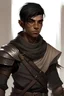 Placeholder: DND young male human rogue assassin, from east desert kalimshan, tanned skin, very short black hair, scars on face