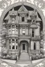 Placeholder: Victorian House Mandala Create a mandala centered around a Victorian house, with ornate architectural details radiating outward. The lines should be crisp and well-outlined, fitting the clean, shadow-free sketch style.