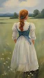 Placeholder: Painting of Anne Shirley standing from behind in a field, wild flowers, oil painting, beautiful painting, dream, farm, Anne Shirley standing from behind, inspired oil painting by Bob Ross