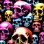 Placeholder: a picture of a dark, comedic, anatomically correct wall of colorful skulls of varying sizes and expressions, photo realistic, insanely meticulous, highly detailed, part of a collection of bones on display, 64k, dystopian, vray