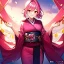 Placeholder: Girl, pink hair, red eyes, smiling, kimono, kanzashi