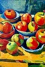 Placeholder: Abstract impasto oil painting of an apples on a table cezanne