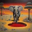 Placeholder: by Desmond Morris, weird grim desert wonderland, surreal elephant drinking from a red pond, matte oil painting, dark colors