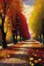 Placeholder: Recreate the essence of autumn by depicting a tree-lined boulevard covered in vibrant, multicolored leaves. Be meticulous with details, from the textures of the leaves to the play of light and shadows, photograph