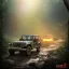 Placeholder: vietnam war. war report. jeep in jungle. poster. bokeh. lens flare. warm lights. high detailed