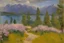 Placeholder: Mountains, lake, flowers, pathway, pine trees, clouds, edouard manet impressionism painting