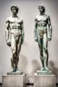 Placeholder: in a modern art display, two famous statues are next to each other, one is David and the other is the Discobulus statue. The discobulus hand covers the private part of David, they both look disgusted at each other