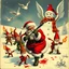 Placeholder: there is no kebabs at christmas, evil Santa, evil gnomes running around, staring flaming eyes, evil Rudolf, very big evil angry Frosty the snowman in background, kebabs and kebab, 1940 christmas postcard, blood stains, Flying angel Cherubs, Santa holding a knife