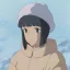 Placeholder: girl, Christmas hat on head, looking forward, anime art, cold weather, gray furry clothes,anime key visual of elegant young female