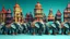 Placeholder: Whimsical cityscape panorama featuring ornate buildings atop majestic elephants. Elaborate, multi-storied houses, reminiscent of Victorian architecture, are meticulously detailed with various architectural styles and colors; pastel yellows, deep reds, teal blues, and muted purples. The structures are intricately connected and seemingly transported by large, detailed elephants adorned with colorful fabrics and metallic accents. A small, dark-haired, human figure is seated on a second-story tur