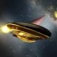 Placeholder: huge starship made of brass and black stone, damaged and on fire, in space