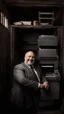 Placeholder: italian strong massive smiling big chubby 50 year old man in smart gray suit, manly chest, unbuttoned shirt, short beard, shirtless, printer in an old printing house, next to a huge old printer, dim light, side light, ambient occlusion